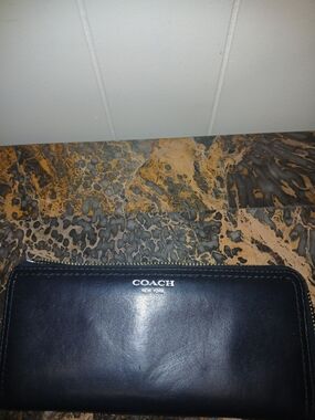 Coach Black Leather Zip Wallet with Silver Logo